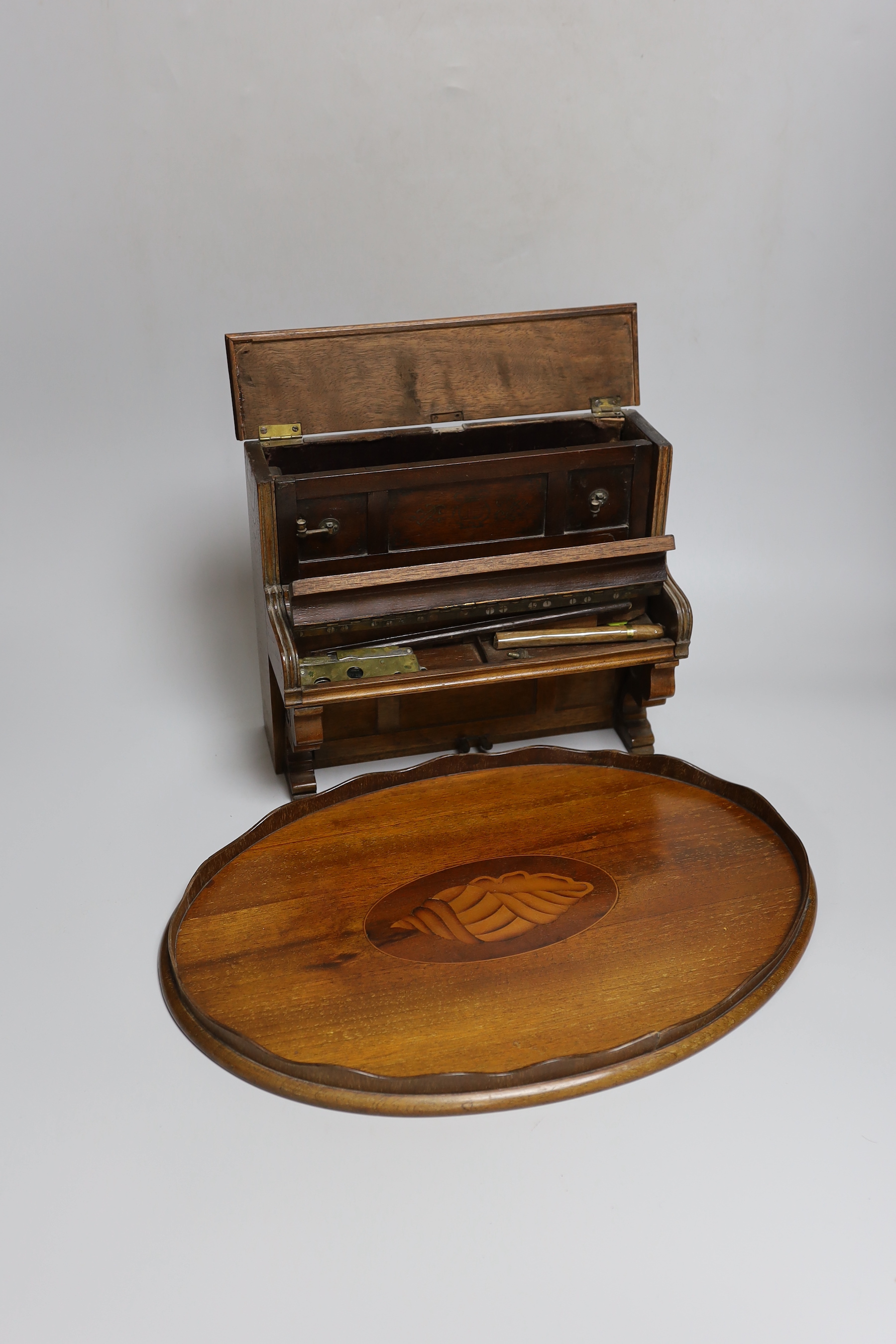 A novelty miniature mahogany upright piano and an inlaid mahogany tray, 39cm long